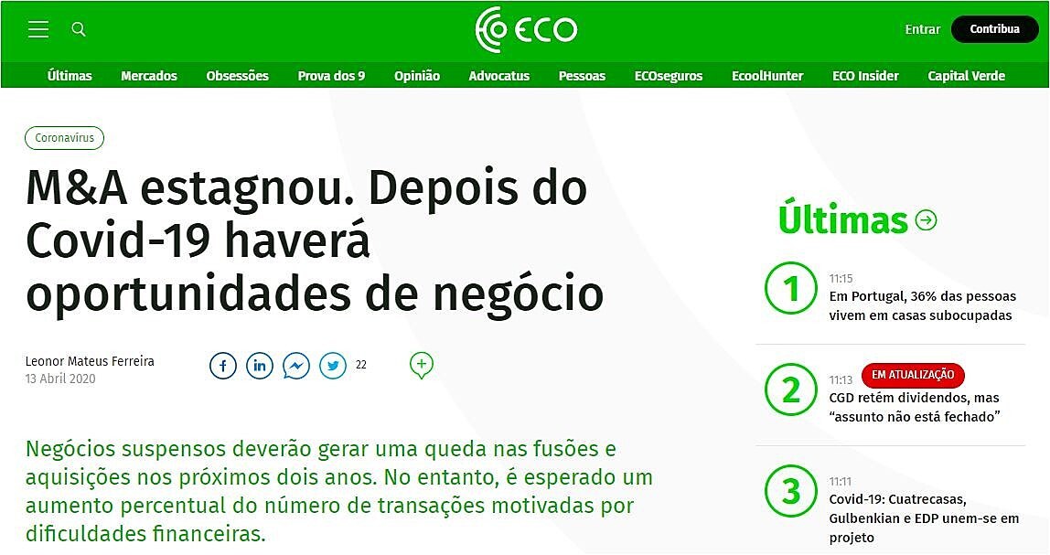 M&A estagnou. Depois do Covid-19 haver oportunidades de negcio